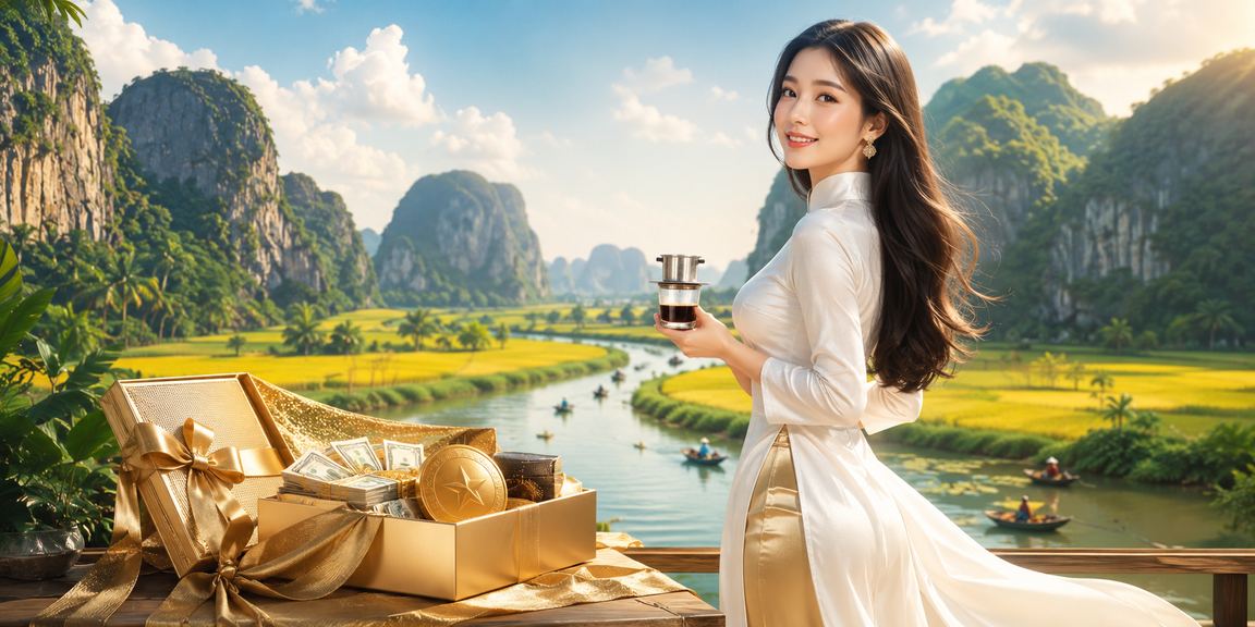 Người phụ nữ mặc áo dài đặt cược tại casino nhìn ra cảnh Ninh Bình